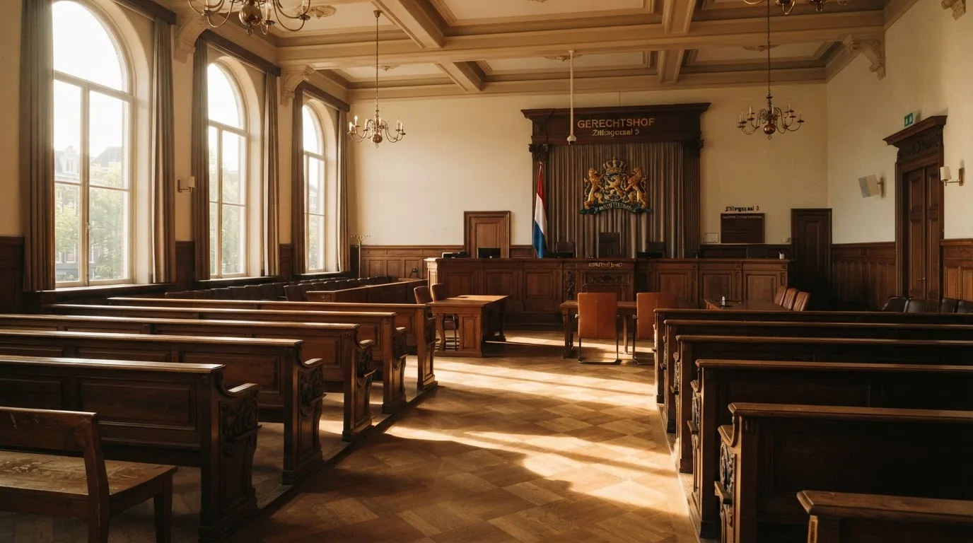Een lege rechtszaal met houten banken in het ochtendlicht