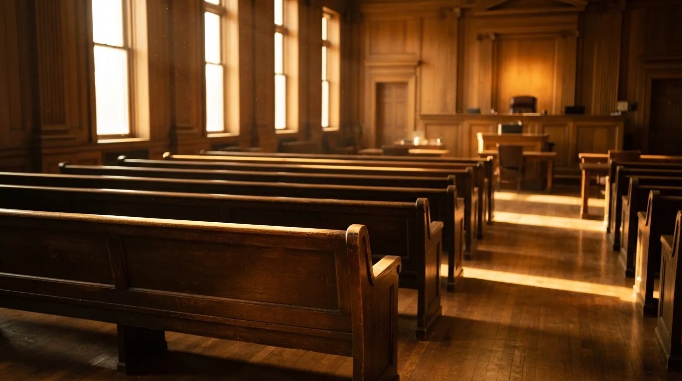 Een lege rechtszaal met houten banken in het ochtendlicht