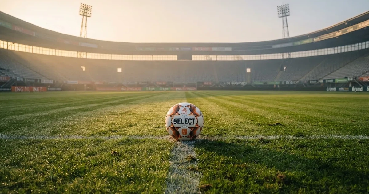 Een voetbal op de middenstip van een grasveld in het ochtendlicht