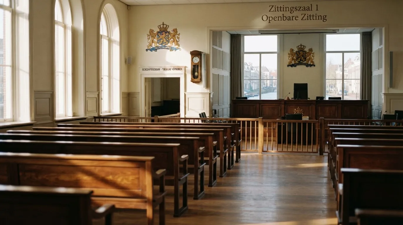 Een lege rechtszaal met houten banken in het ochtendlicht