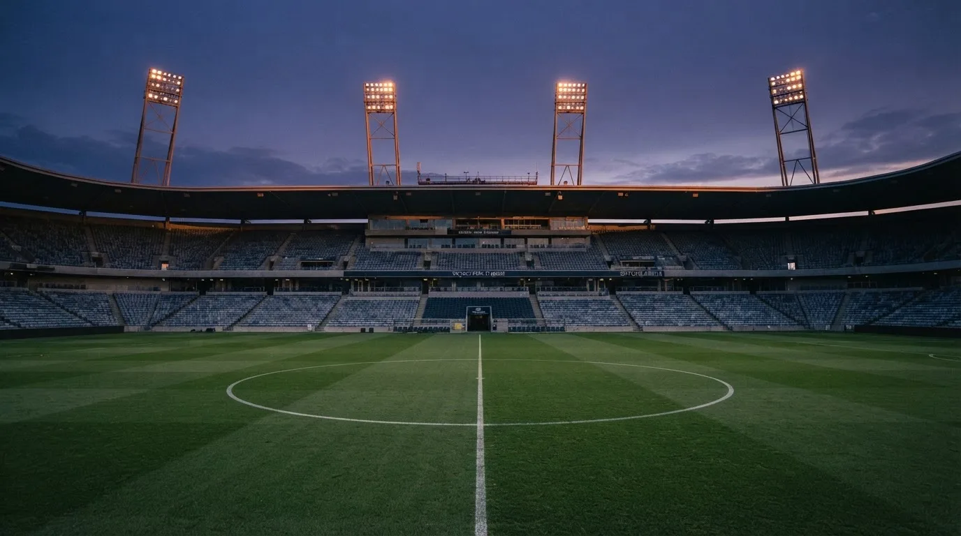 Een leeg voetbalstadion met lichtmasten bij schemering