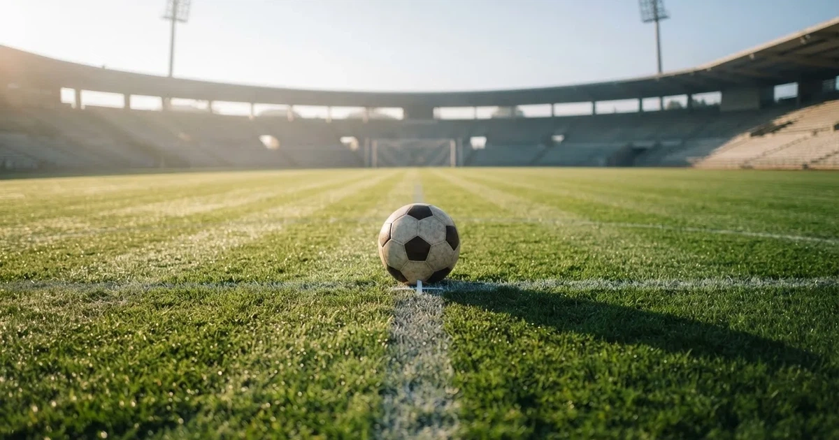 Een voetbal op de middenstip van een grasveld in het ochtendlicht