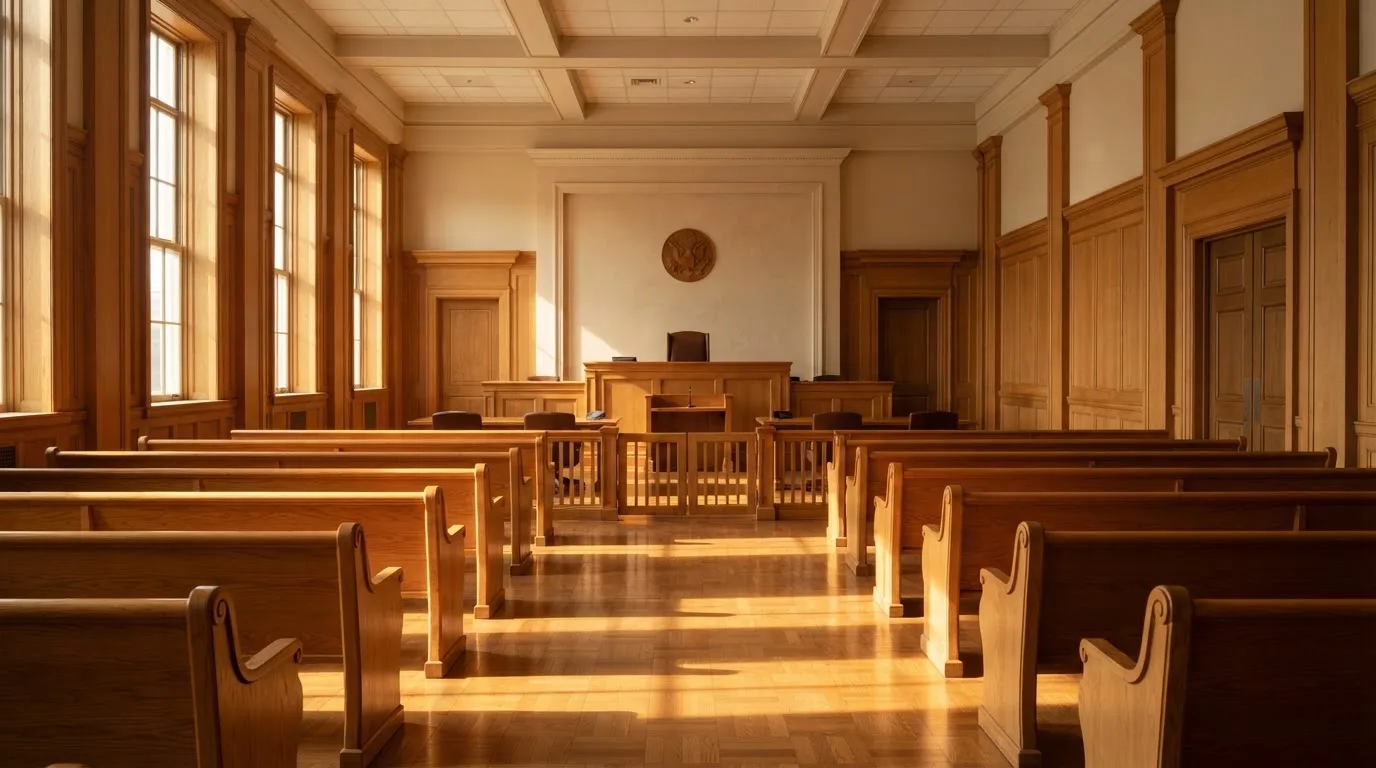 Een lege rechtszaal met houten banken in het ochtendlicht