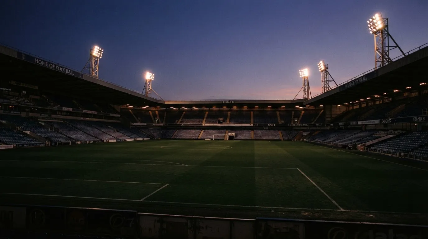 Een leeg voetbalstadion met lichtmasten bij schemering