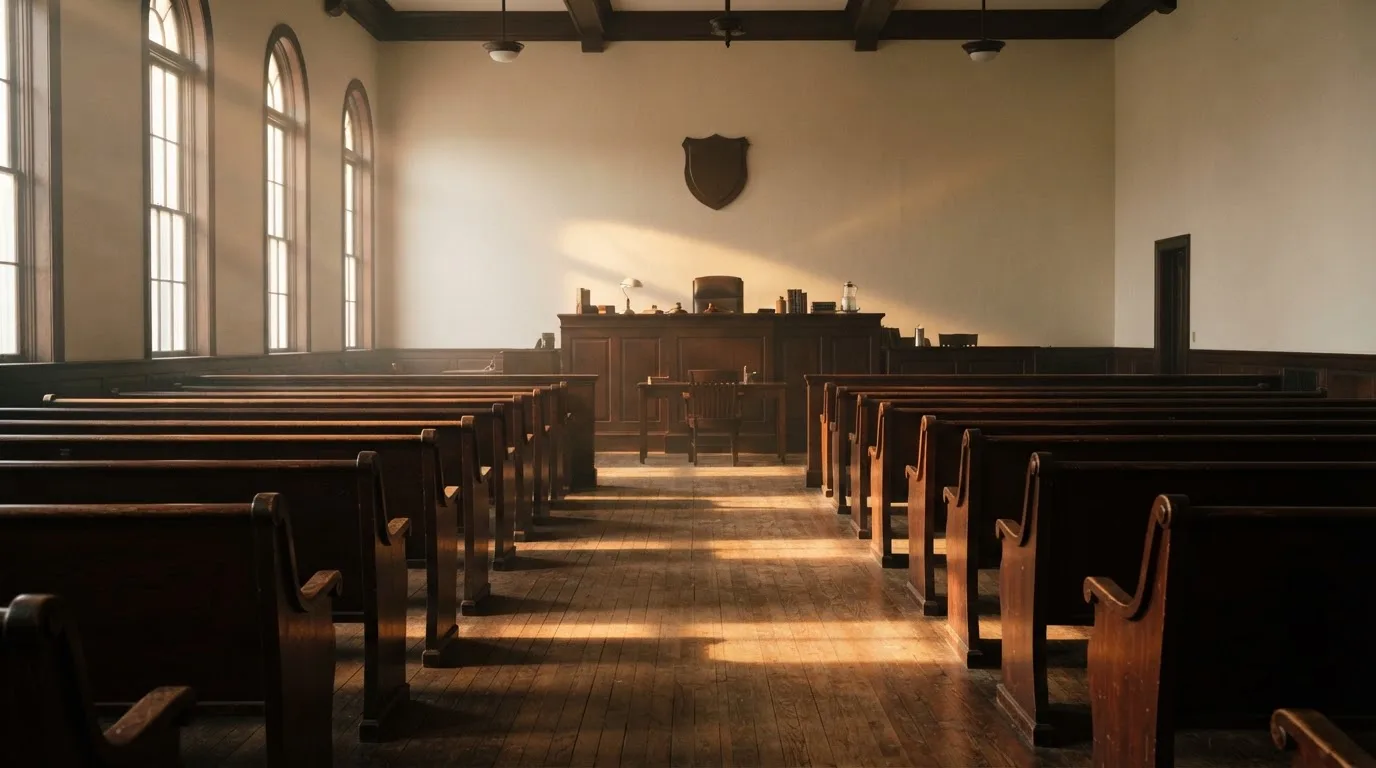 Een lege rechtszaal met houten banken in het ochtendlicht