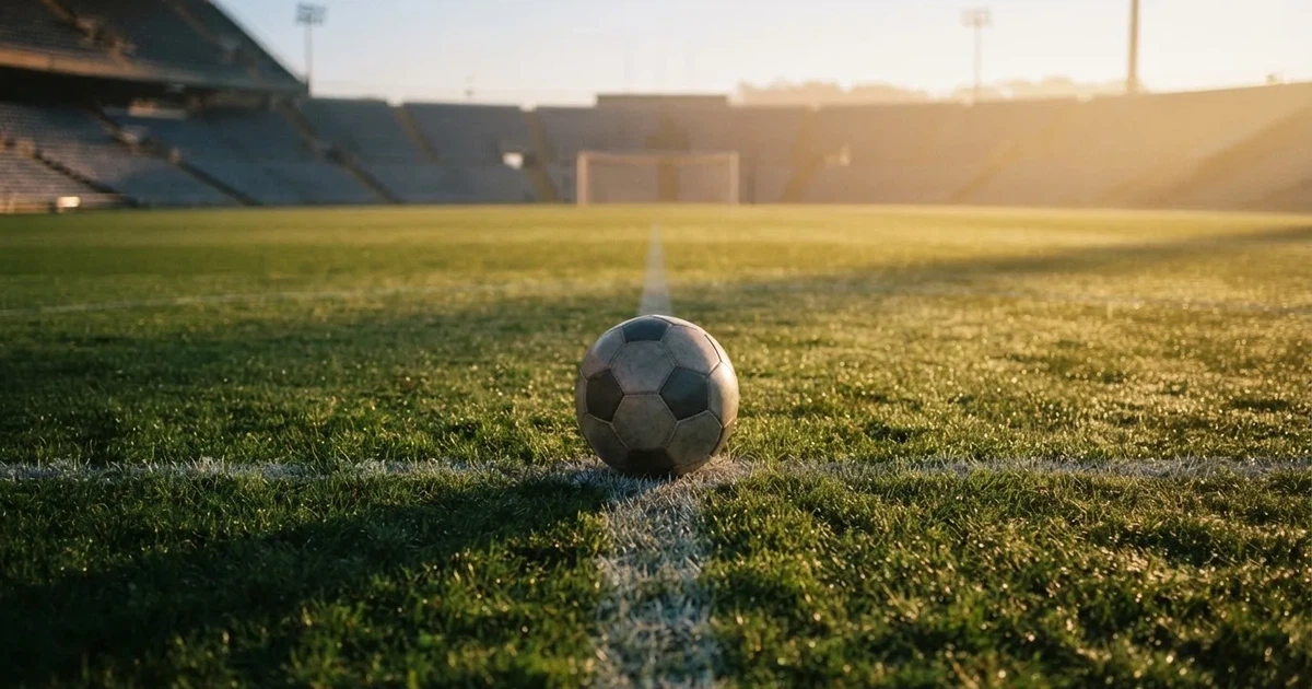 Een voetbal op de middenstip van een grasveld in het ochtendlicht