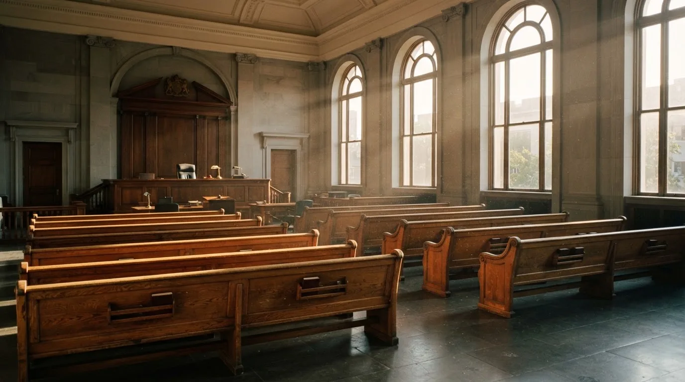 Een lege rechtszaal met houten banken in het ochtendlicht