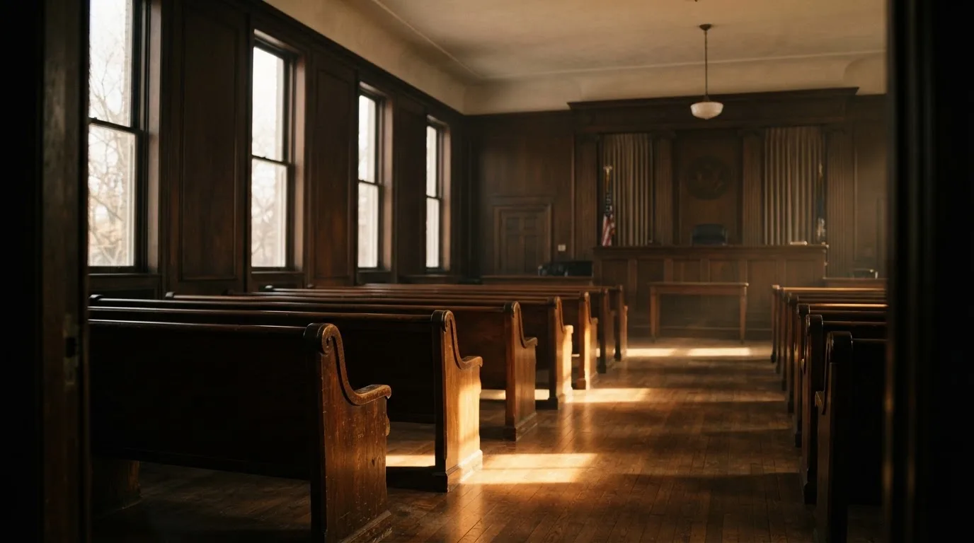 Een lege rechtszaal met houten banken in het ochtendlicht